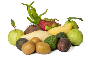 Photo of various fruit taken with a high-resolution camera using the focus-stacking technique on a white background.