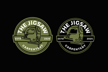 Woodworking saw machine retro badge logo design set for carpentry workshop. Jigsaw tool vintage patch sticker pack for craftsman garage. Cutting saw tool rustic emblem element designs for industrial
