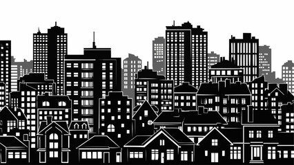 Obraz premium Black and White Silhouette of a Cityscape with Diverse Buildings.