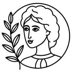 Black line of a woman's head and shoulders with a laurel branch