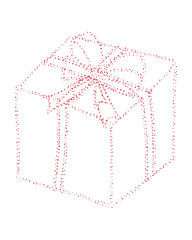Dotted red lines forming an outline of a gift box with a ribbon. Vector illustration
