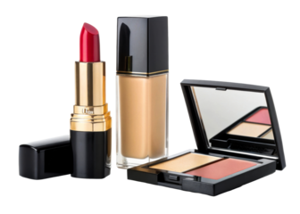 Collection of elegant makeup products including red lipstick foundation bottle and a blush palette with mirror perfect for beauty advertisements and cosmetic branding