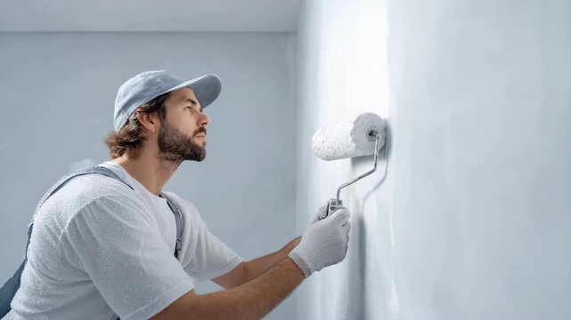Man paints a wall with a roller in a room