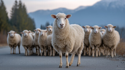 Fototapeta premium Sheep standing on road against mountain backdrop