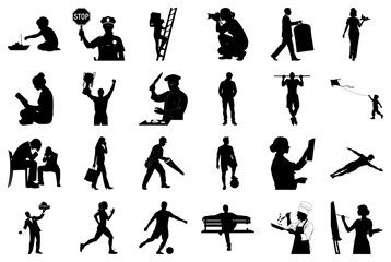 Fototapeta premium Silhouettes of people in diverse situations and occupations