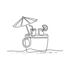 A minimalist line drawing of a beach cooler drink and umbrella