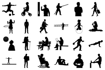 Silhouettes of people in sports, work, and leisure activities