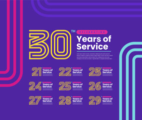 Colorful Years of Service Anniversary Logotype Set. 21, 22, 23, 24, 25, 26, 27, 28, 29, 30