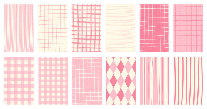 Whimsical retro, vintage hand drawn abstract patterned pink backgrounds. French, Italian style patterns with strips, checkered and plaid vector pattern. Pastel colors coquette abstract design bg.