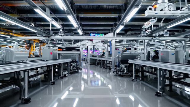 wide view of modern factory floor, rows of automated industrial machines, clean and organized production environment