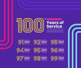 Colorful Years of Service Anniversary Logotype Set. 91, 92, 93, 94, 95, 96, 97, 98, 99, 100