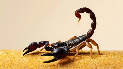 Black scorpion with raised stinger on sandy surface macro shot