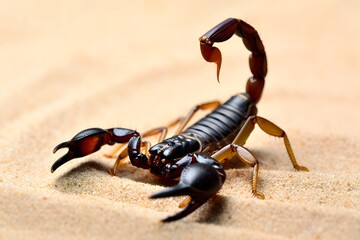 Scorpion on sandy desert ground close up macro shot