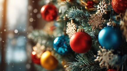 Close up of a beautifully decorated christmas tree with colorful baubles and sparkling snowflakes during winter holidays