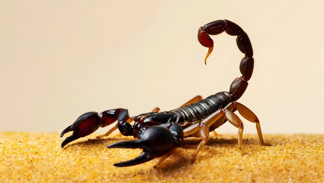 Black scorpion with raised stinger on sandy surface macro shot