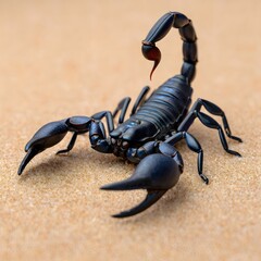 Black scorpion close up on sandy textured background
