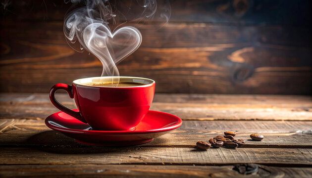 Heart Shaped Steam Rising from a Red Cup of Coffee on a Wooden Table with Coffee Beans Keywords: coffee, cup, mug