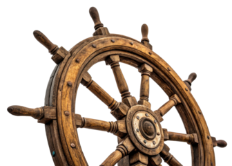 Old wooden ship steering wheel, a nautical symbol for control and journey, perfect for marine themed projects and maritime history representations