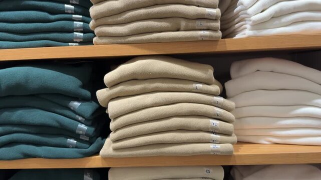 A neat stack of new sweaters in light and blue colors with visible size stickers, presented on a store shelf. This clip is perfect for showcasing seasonal apparel collections, retail organization, and