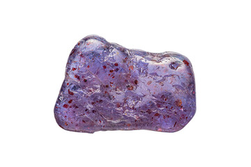 Closeup bloodshot Iolite (Iolite-Sunstone) gemstone with hematite inclusion on white background (selective focus)