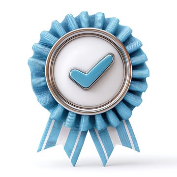 A blue rosette ribbon with a checkmark in the center symbolizing verification and quality approval isolated on white background