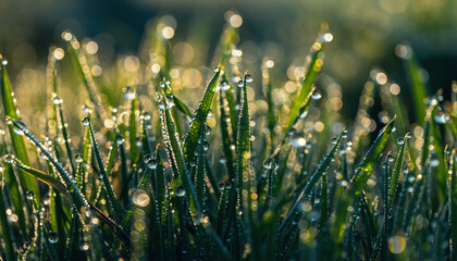 Macro view of green grass blades covered in sparkling morning dew drops and bokeh lights Keywords: grass, green, dew