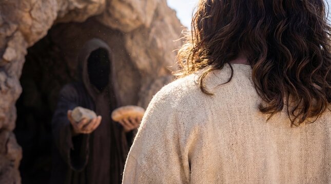 Devil presenting stone and bread during the fasting of Jesus