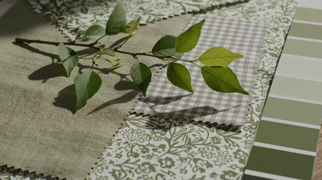 Natural green color palette inspiration with fabric swatch samples, fresh leaf branch, and paint color chart under sunlight