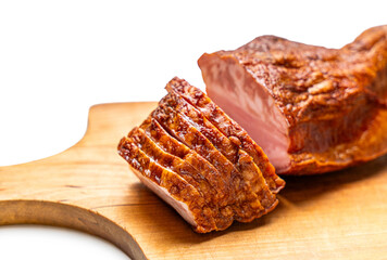 smoked pork close-up on a white background