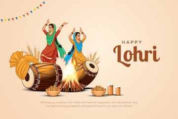 Happy Lohri festival of Punjab India background with traditional elements and people dancing. Creative vector illustration design for banner, poster.