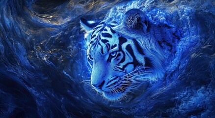 A close-up of a white tiger surrounded by swirling blue icy mist and energy, staring intensely forward in a mystical setting