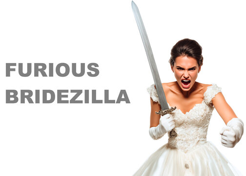 furious bridezilla with a sword isolated over white (transparent) background