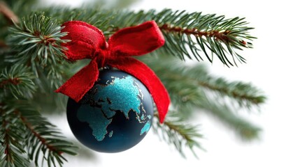 Festive christmas tree branch adorned with a unique globe ornament tied with a bright red ribbon