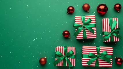 Christmas gift boxes and ornaments on green background
