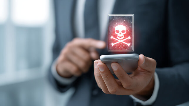 Businessman holding smartphone displaying digital skull and crossbones warning technology