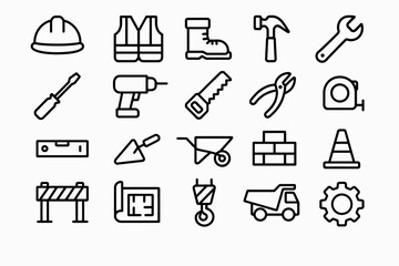 Fototapeta premium Construction icons: tools, safety gear, vehicles, and equipment