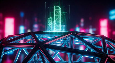 Dynamic holographic cityscape emerging from a futuristic geodesic dome, illustrating advanced technology and smart urban development in a dazzling neon-lit metropolis