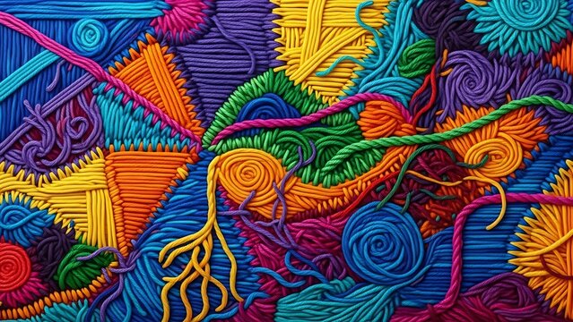 Vibrant colorful thread art design featuring intricately woven patterns and a rich tapestry of textures creating a playful and cheerful background perfect for design projects - Powered by Adobe