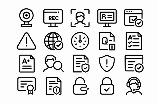 Webcam recording icons: user id, security, and certification symbols