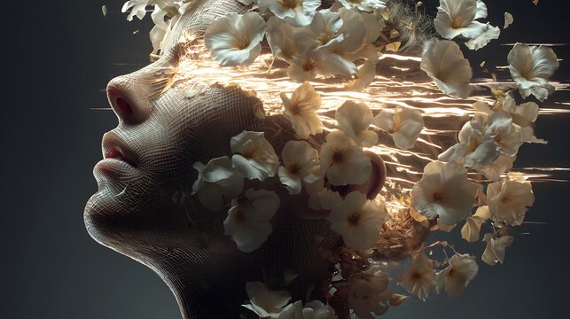 head split open releasing streams of soft light and petals, symbolizing freedom and inner healing, high detail, surreal concept art, 