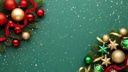 Festive christmas decoration on green background with snowflakes