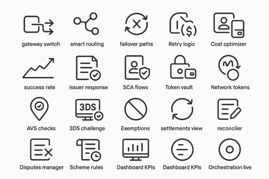 Collection of payment and security system icons featuring various functionalities