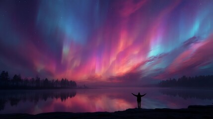 person standing under aurora light with open arms, symbolizing acceptance and emotional liberation, ethereal mood, 