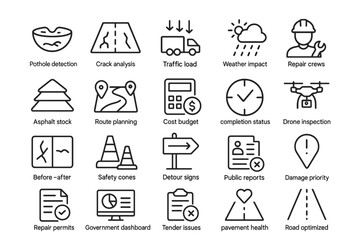 Infrastructure maintenance icons: road safety, weather impact, repair crews, traffic management