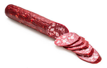 smoked sausages close-up on a white isolated background