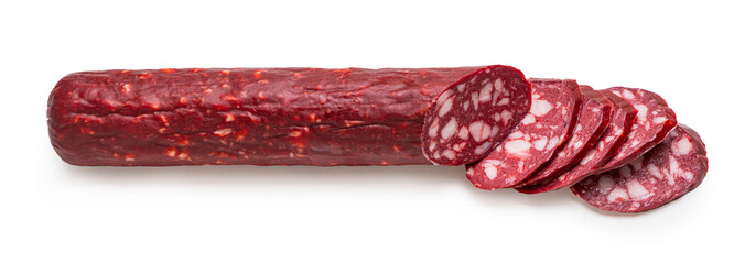 smoked sausages close-up on a white isolated background