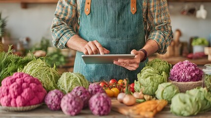 Man is using a tablet to look at a variety of vegetables, including cauliflower and tomatoes