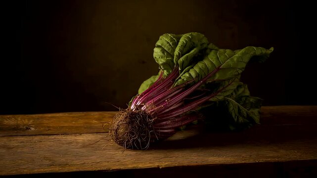 Fresh beetroot with leafy greens resting on rustic wooden table under dramatic studio lighting showcasing organic produce texture and natural color