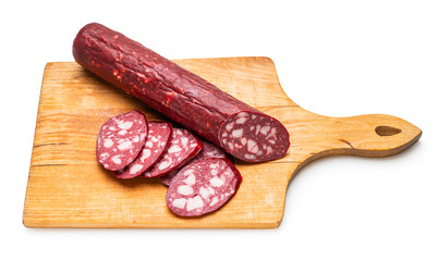 smoked sausages close-up on a white isolated background