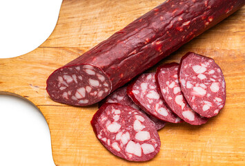 Smoked sausages close-up, food background